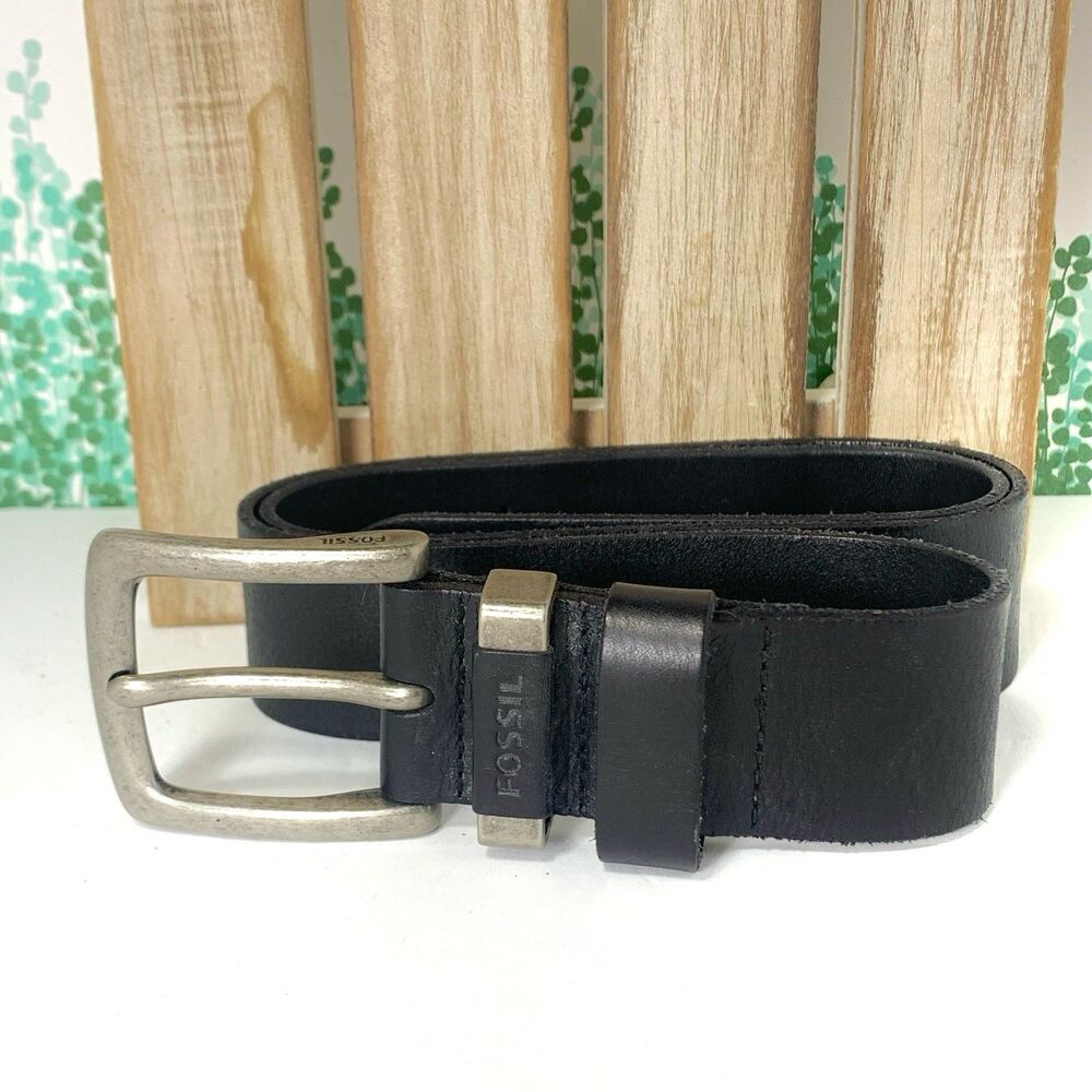 FOSSIL Belt Men's LEATHER 1.5" Wide BLACK Thick Size 80/32 Or Size 32 Metal